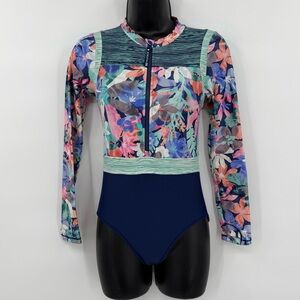 Athleta Girl Long Sleeve One-Piece Rash Guard Swimsuit | Multi Floral | Large/12